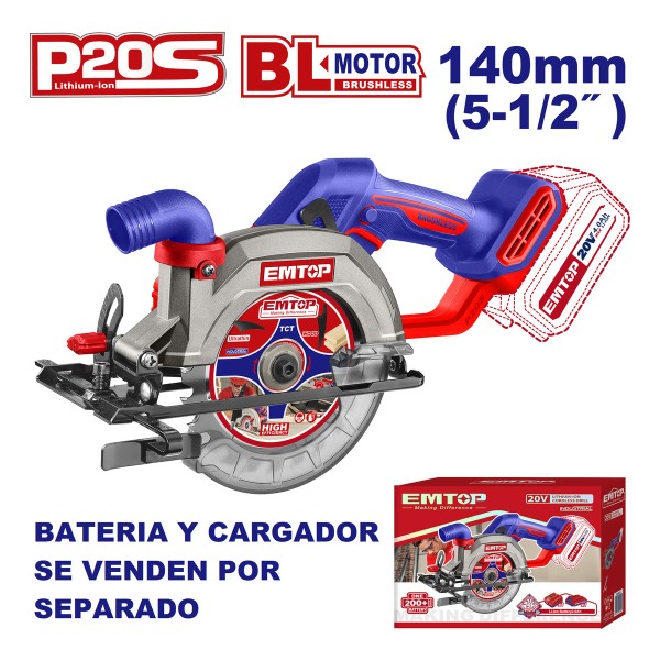 Sierra Circular A Bateria Inalambrica 140 Mm 20v S/bat Emtop - Imagen 2