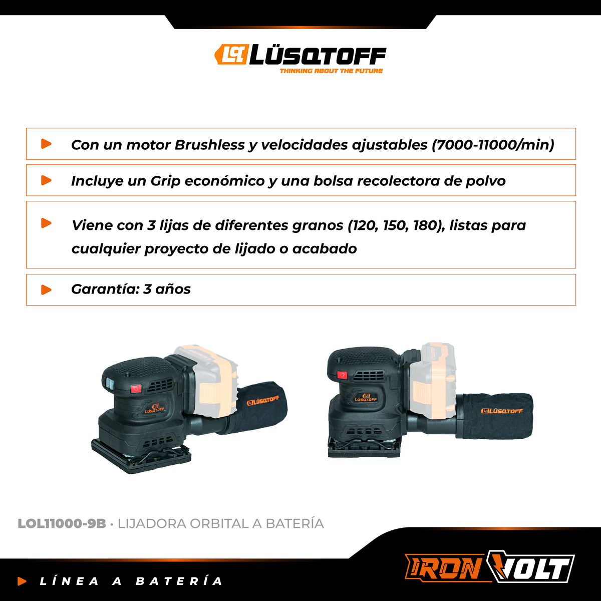 Lijadora Orbital 1/4 Inalambrica Lusqtoff Black Series Frecu - Imagen 3