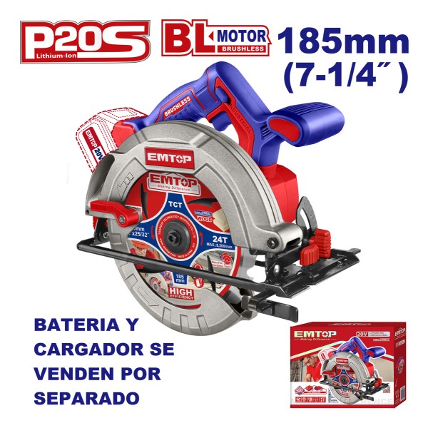 Sierra Circular A Bateria 185 Mm 20v S/bat Emtop Elcs1851 - Imagen 2