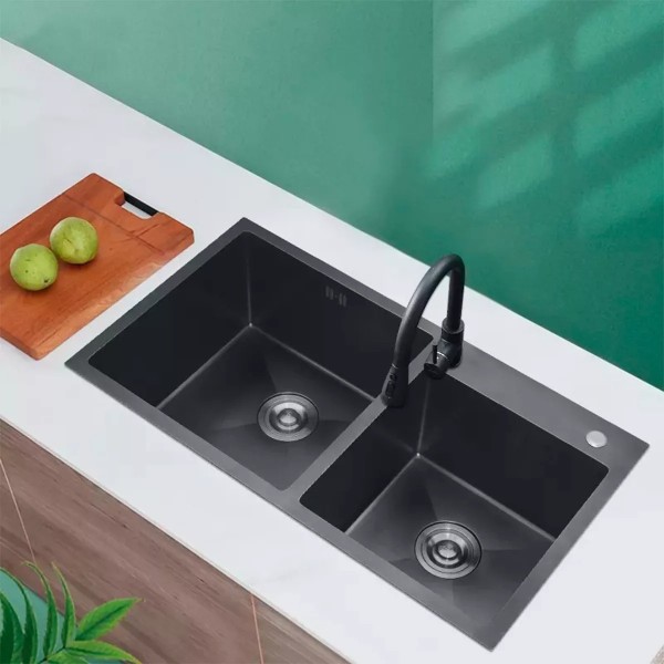 Pileta Doble Cuadrada Cocina Negra Grafito Acero C/griferia - Imagen 6