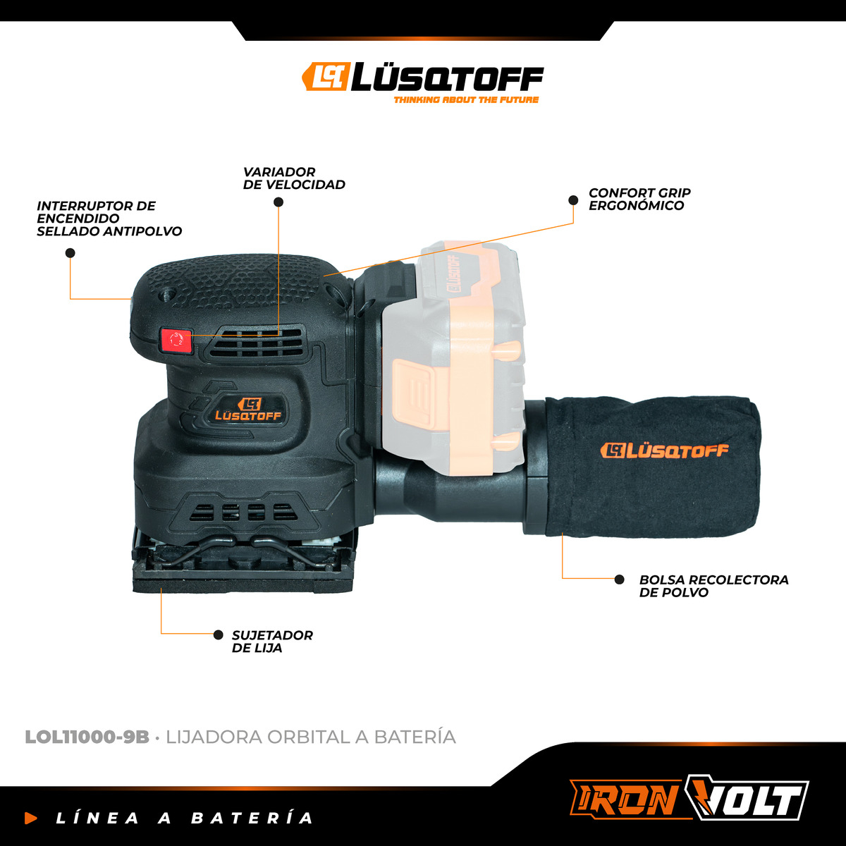 Lijadora Orbital 1/4 Inalambrica Lusqtoff Black Series Frecu - Imagen 4