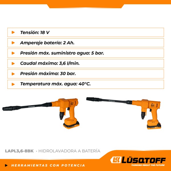 Hidrolavadora Presion Inalambrica C/bat C/carg 18v 30 Bar - Imagen 3
