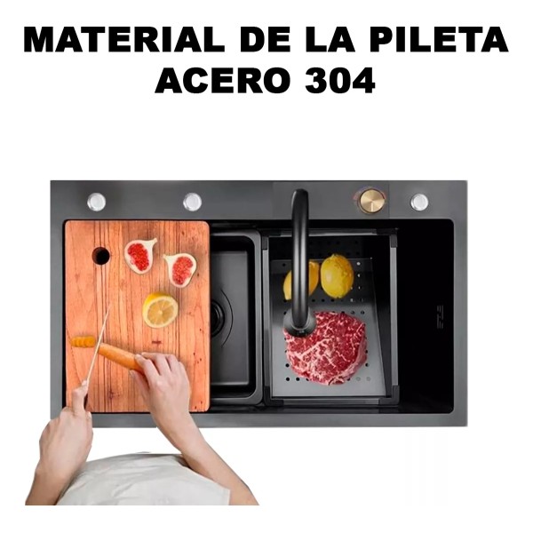 Pileta De Cocina Bacha De Acero Inoxidable Negro Completa - Imagen 3