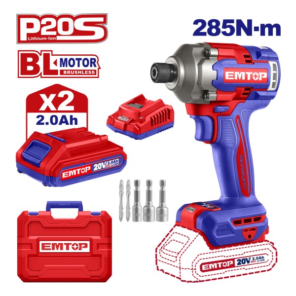 Atornillador De Impacto 20v Bl + 2 Baterias Y Cargador Emtop - Imagen 2