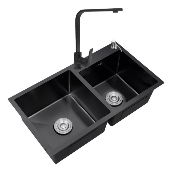 Pileta Doble Cuadrada Cocina Negra Grafito Acero Inoxidable - Imagen 5