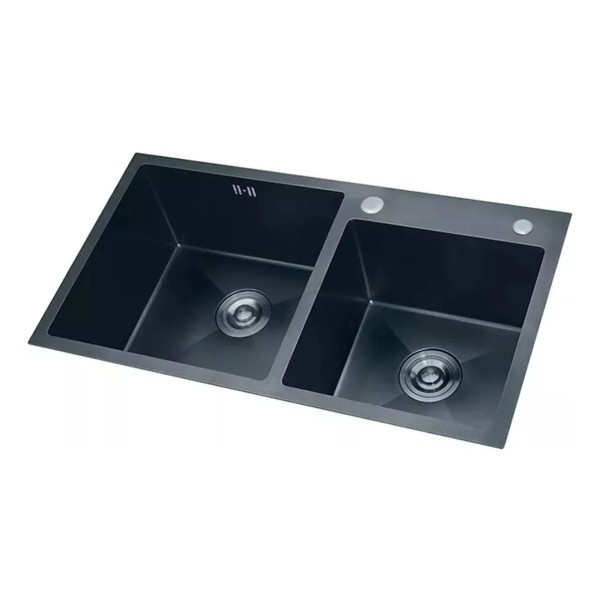 Pileta Doble Cuadrada Cocina Negra Grafito Acero C/griferia - Imagen 2