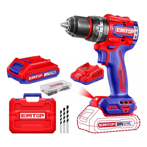 Taladro Atornillador 20v Sin Carbones Emtop 2bat Y Maletin C