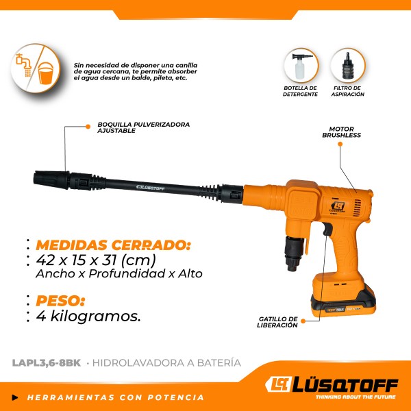 Hidrolavadora Presion Inalambrica C/bat C/carg 18v 30 Bar - Imagen 2