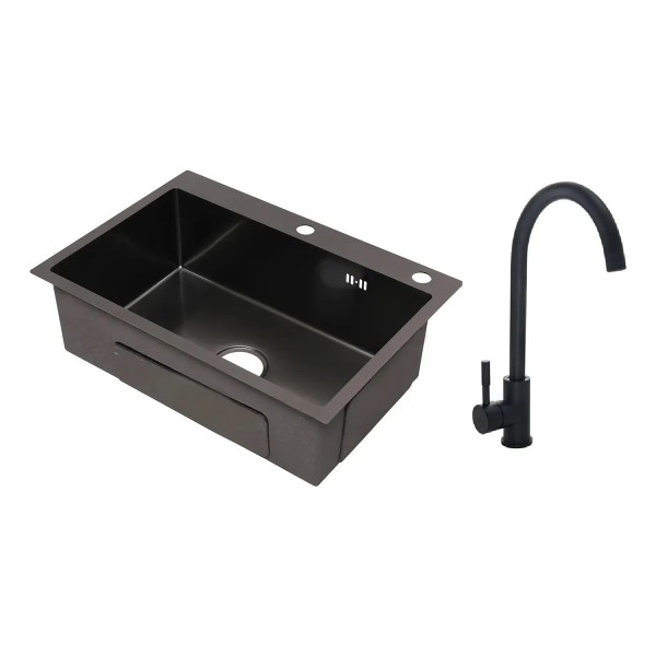 Pileta Simple Cuadrada Cocina Negra Grafito Acero C/griferia