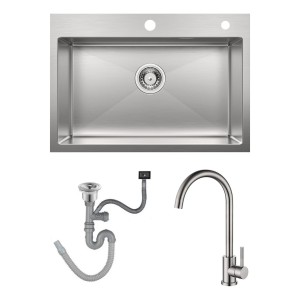 Pileta Simple Cuadrada Cocina Satinada Con Monocomando Acero