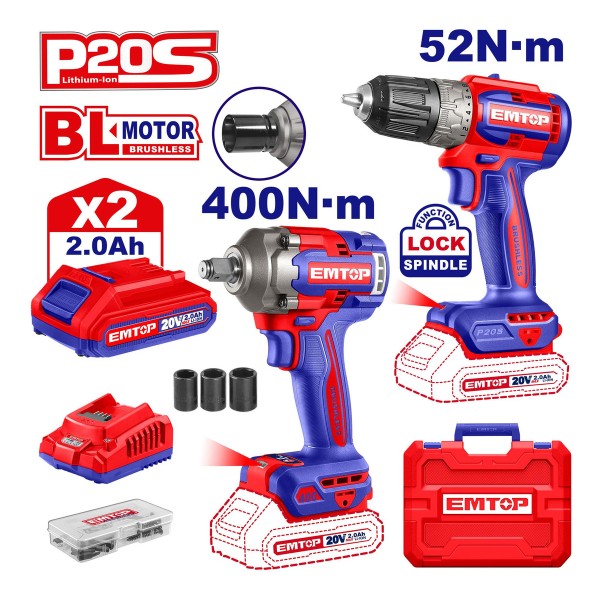 Llave De Impacto 20v + Atornillador 20v Emtop + 2 Bat + Carg - Imagen 2