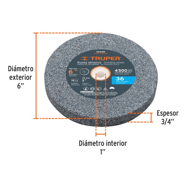 Rueda Recta Amolar Aluminio 6 X 3/4 Gr 36 /60 Truper - Imagen 2