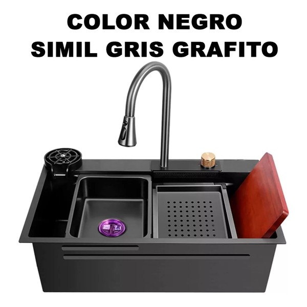 Pileta De Cocina Bacha De Acero Inoxidable Negro Completa - Imagen 2