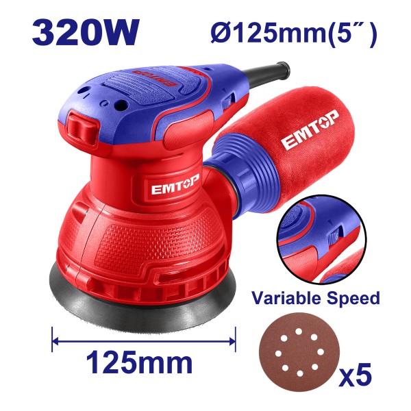 Lijadora Roto Orbital 320 Watts 125 Mm Emtop + 5 Lijas - Imagen 2