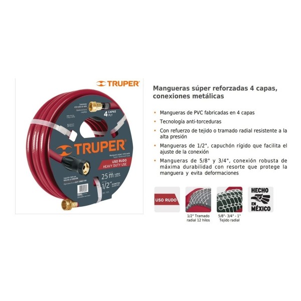 Manguera 20mts Truper 4 Capas 1/2 C/con.bronce Super Reforz. - Imagen 2