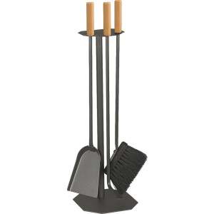 Set Pala Cepillo Atizador Hierro Mango Madera Para Parrillas