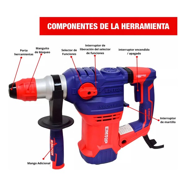 Rotomartillo 1500w 850rpm 5.5j Emtop Erhrp1502 - Imagen 2