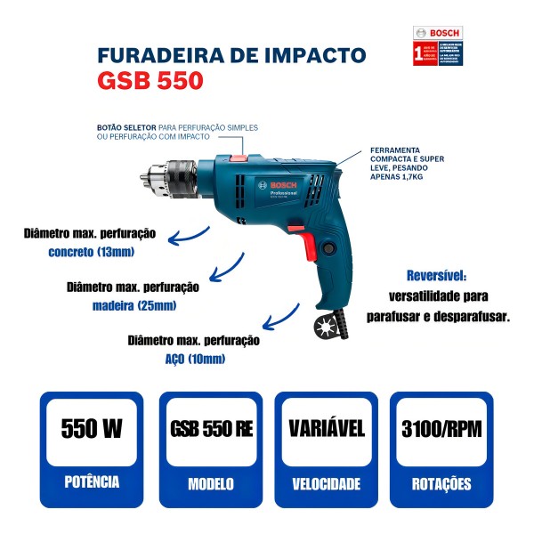 Taladro Bosch Percutor Gsb 550 Re Std 550w 220v 3100 Rpm - Imagen 4