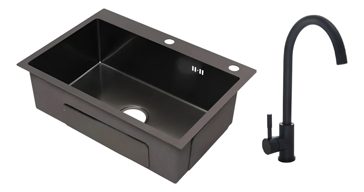 Pileta Simple Cuadrada Cocina Negra Grafito Acero C/griferia