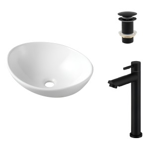 Bacha Apoyo Loza Oval Blanca + Monocomando Negro + Tip Top