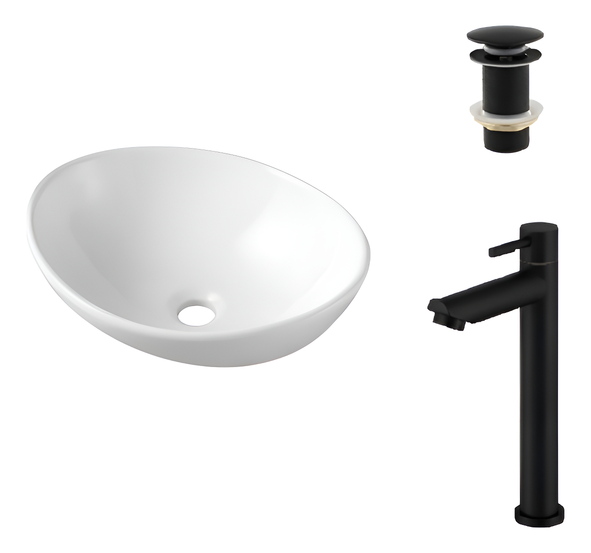 Bacha Apoyo Loza Oval Blanca + Monocomando Negro + Tip Top