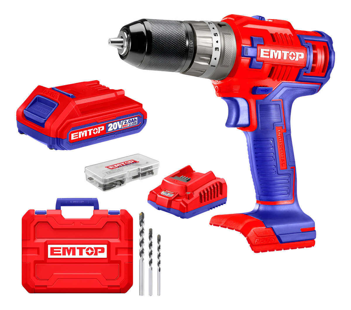 Taladro Atornillador 20v 45nm C/percutor 2 Bat Emtop Color R