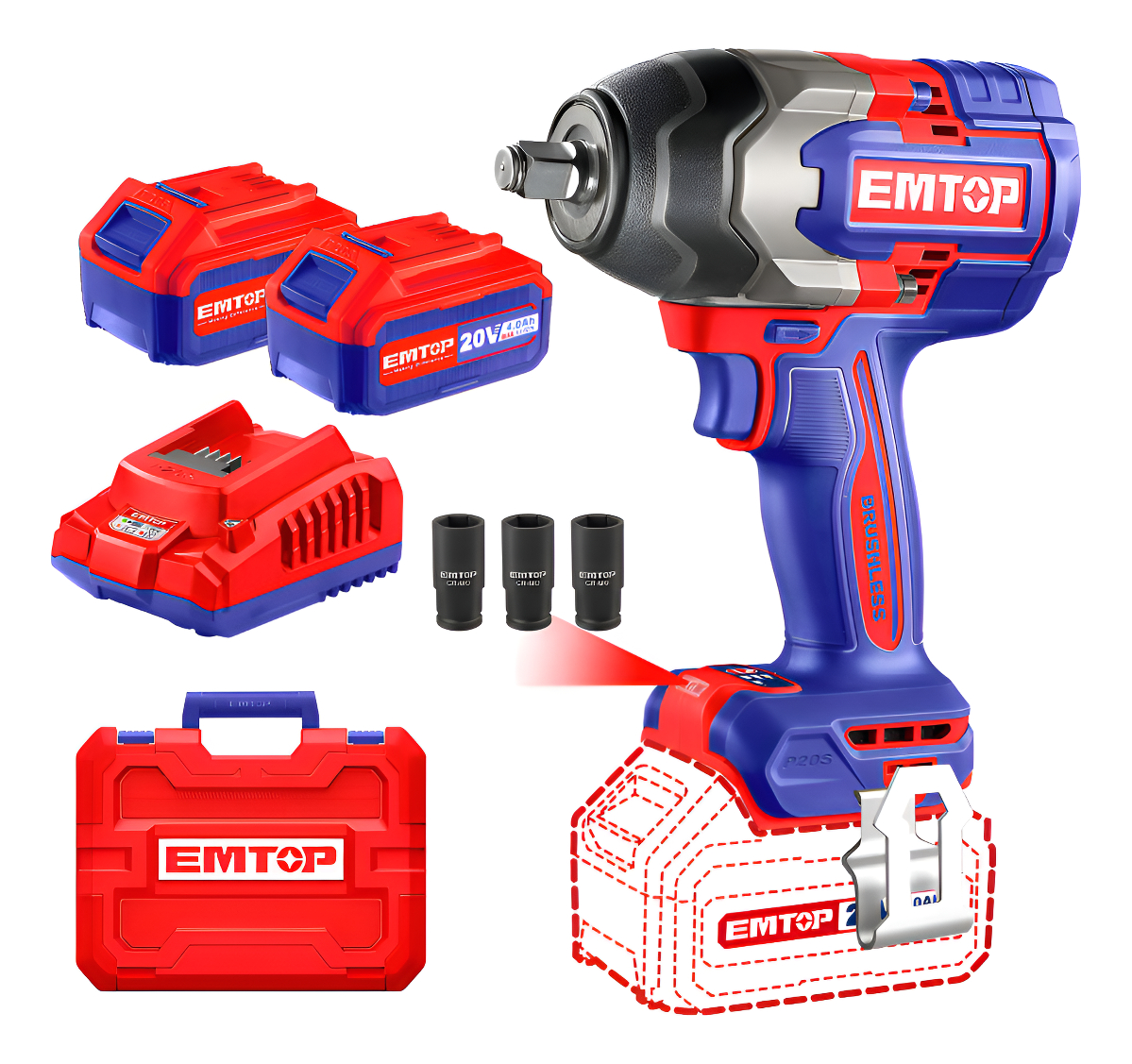 Llave De Impacto 850nm + 2 Baterias 4ah Y Cargador Emtop