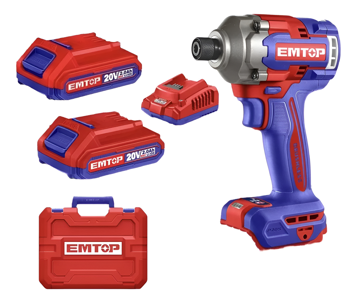 Atornillador De Impacto 20v Bl + 2 Baterias Y Cargador Emtop