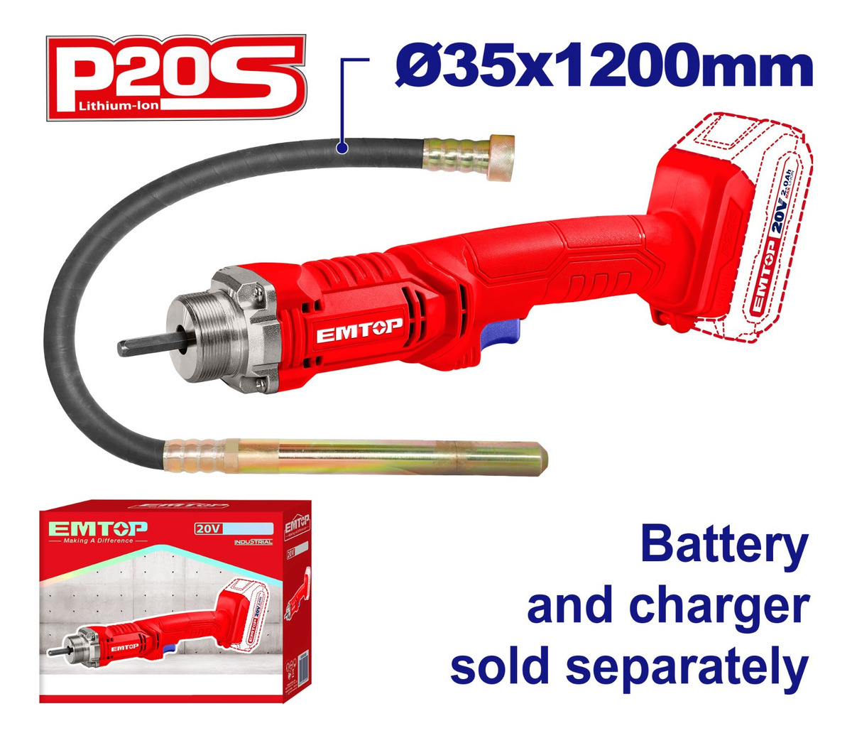 Vibrador De Hormigon Emtop Ecvl202301 35x1200mm Sin Bateria - Imagen 2