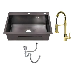 Pileta Simple Cocina Inox. Negra C/grifería Digital Dorada