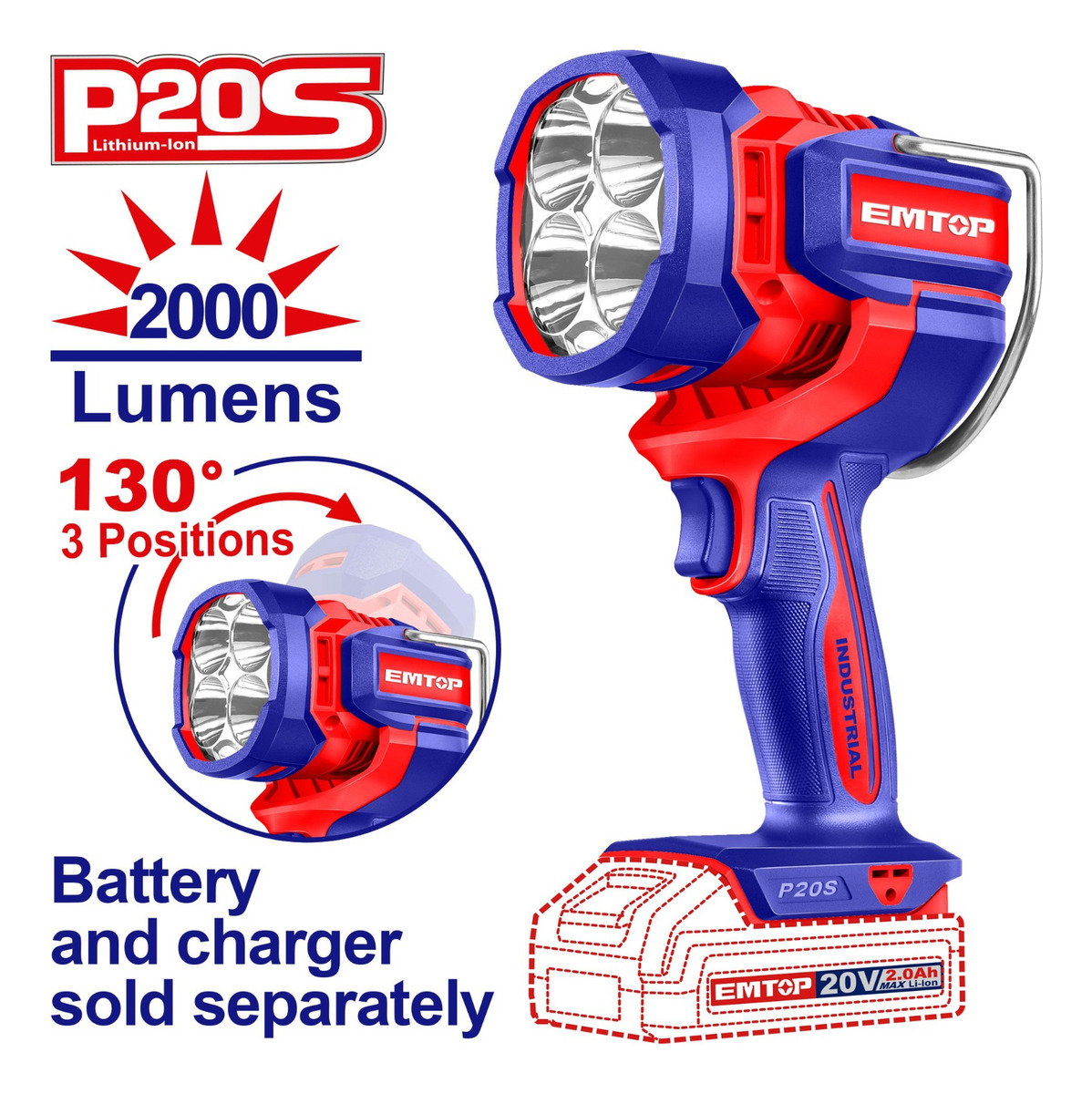 Linterna Industrial Inalamb 20v 2000 Lumens Emtop Elwli2088 - Imagen 2