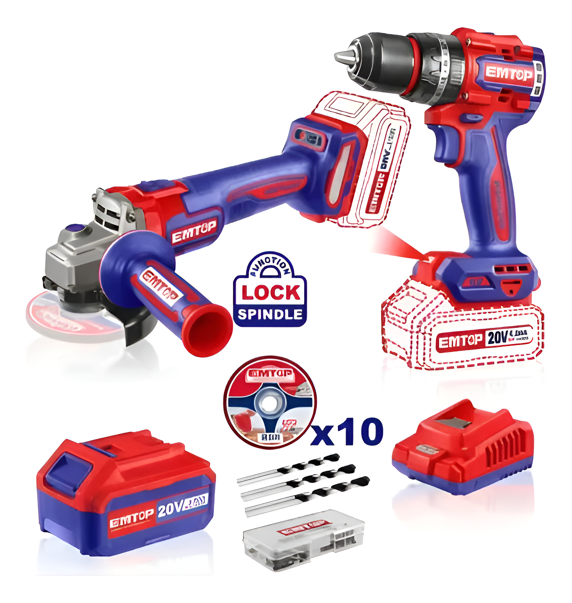 Kit De Amoladora + Taladro + 2 Bat 4a Emtop Eckl20273