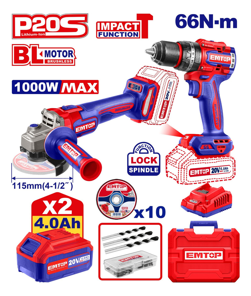 Kit De Amoladora + Taladro + 2 Bat 4a Emtop Eckl20273 - Imagen 2