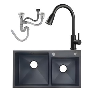 Pileta Doble Cuadrada Cocina Negra Grafito Acero C/griferia