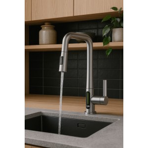 Monocomando Cuadrado Mesada Digital Satinado Acero Inox. 304