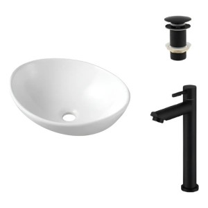 Bacha Apoyo Loza Oval Blanca + Monocomando Negro + Tip Top