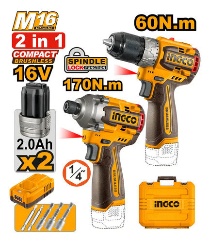 Kit Taladro Atornillador 16v+ Atornillador Impacto Ingco - Imagen 3