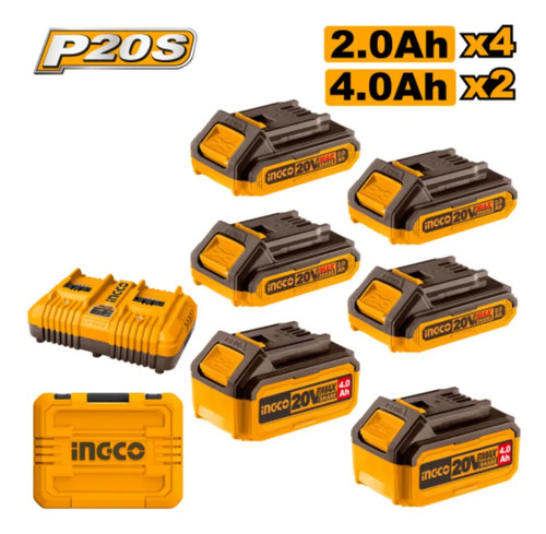 Set X 6 Baterias 20v P20s 4x2ah 2x4ah Cargador Doble Ingco C