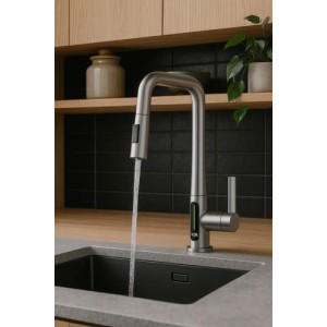 Monocomando Cuadrado Mesada Digital Satinado Acero Inox. 304