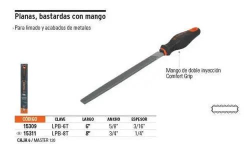 Lima Plana Bastarda Con Mango Comfort Grip 8'' Truper - Imagen 3