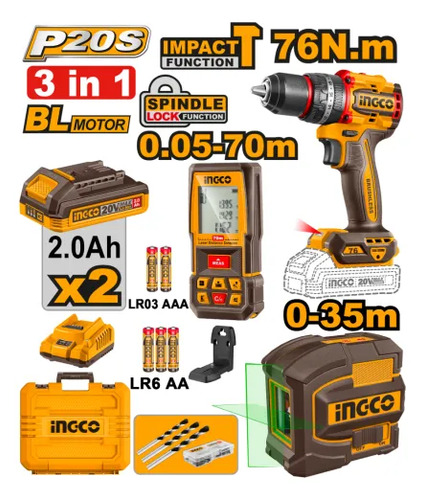 Kit Herramientas A Bateria + Laser Ingco Cosli250511 - Imagen 2